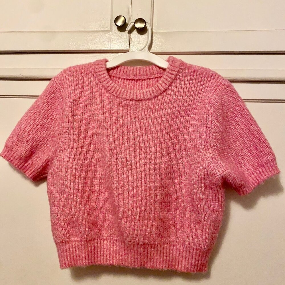 Cider Short Sleeve Cropped Crew Sweater Top Pink M Medium